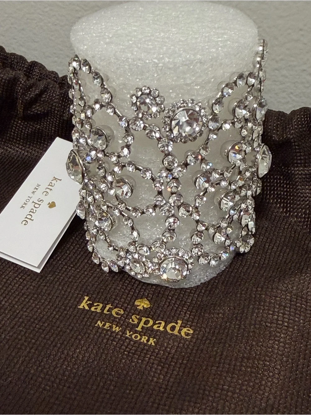 Kate Spade Bridal Crystal Lace Statement Cuff Bracelet Silver Rhinestone NWT - Picture 5 of 8